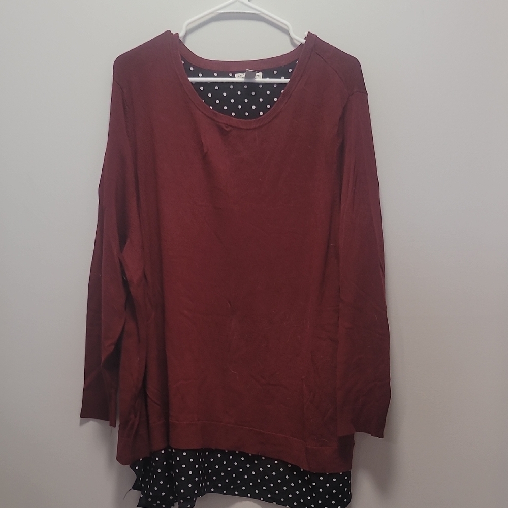 Burgundy Long Sleeve Top with Polka Dot Hem